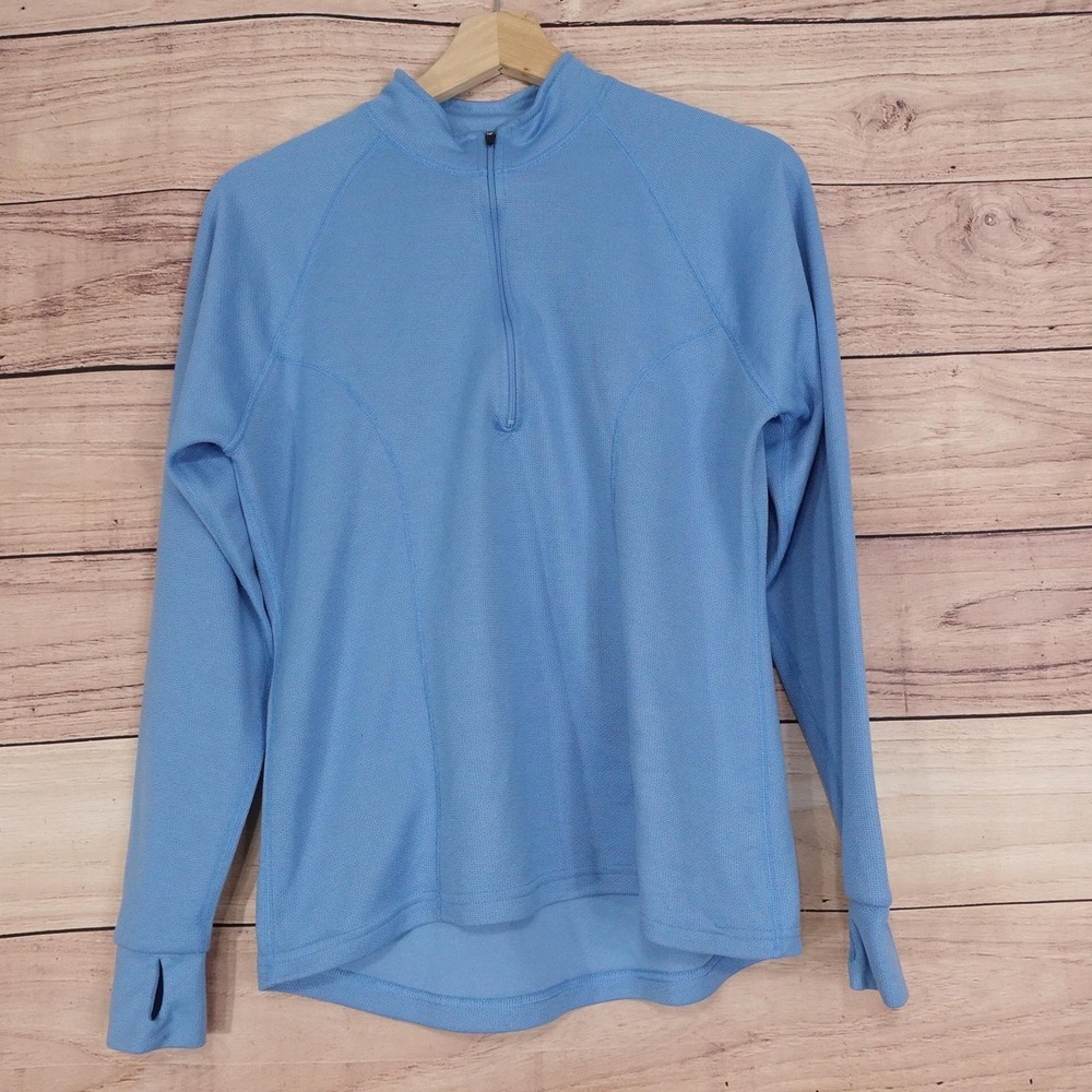 L.L.Bean Pullover Womens M Blue 1/4 Zip Thermal Mock Neck Thumbholes Top